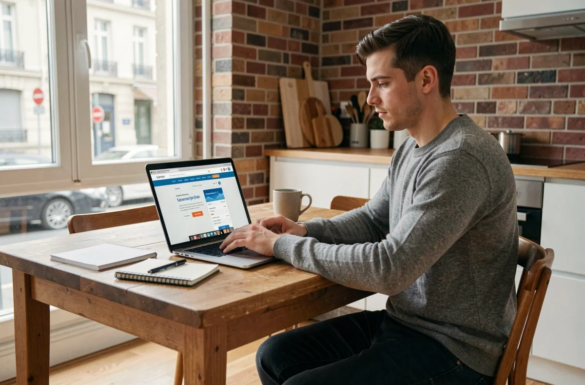 Jeune homme comparant les offres bancaires en ligne depuis son appartement parisien