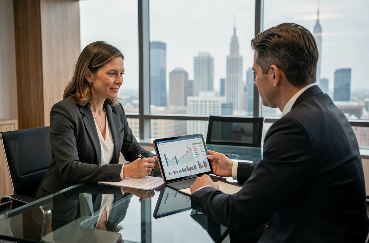 Femme consultant un conseiller financier sur la fréquence des dividendes SCPI en agence
