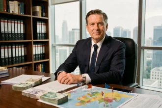 Conseiller financier assis à un bureau avec des documents internationaux et une carte du monde représentant les paradis fiscaux