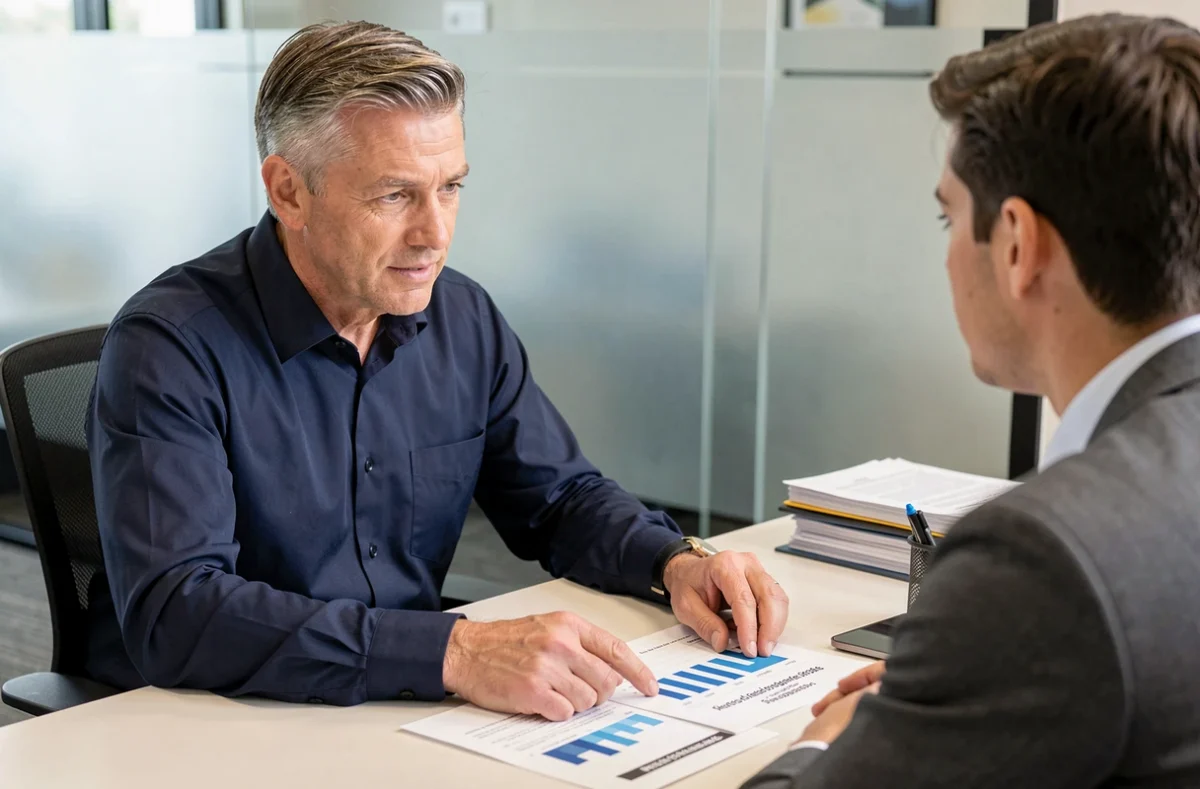 Conseiller financier expliquant la stabilité d'un prêt hypothécaire à taux fixe à un client dans un bureau professionnel