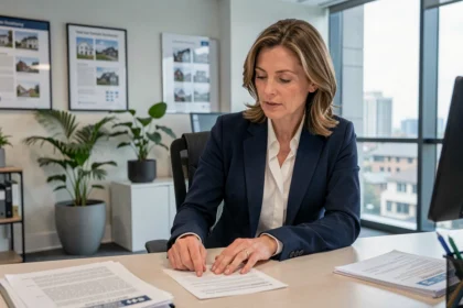 Conseillère immobilière examinant des documents de prêt hypothécaire dans une agence moderne