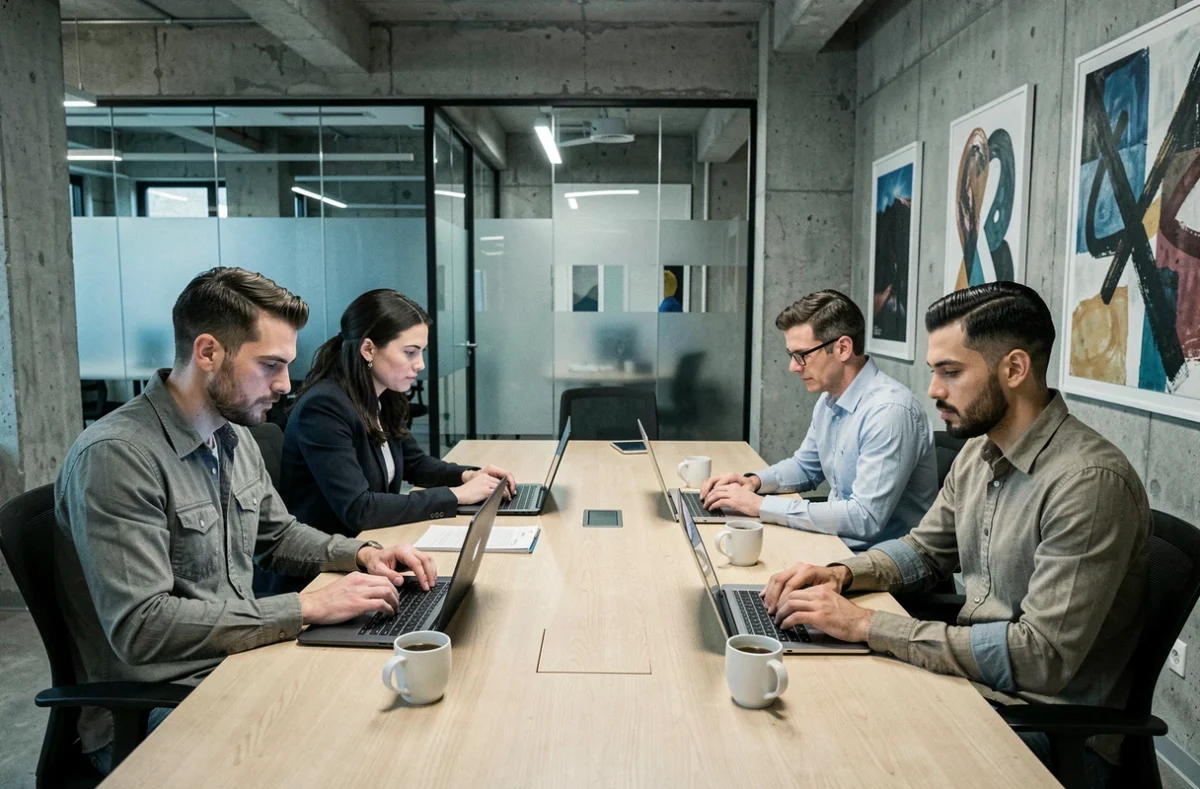 Groupe de collègues assis ensemble mais déconnectés émotionnellement dans un bureau moderne, symbolisant les effets sociaux non anticipés de la transformation numérique