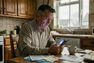 Homme d'âge mûr isolé regardant son smartphone dans une cuisine modeste, illustrant les conséquences sociales imprévues des innovations technologiques