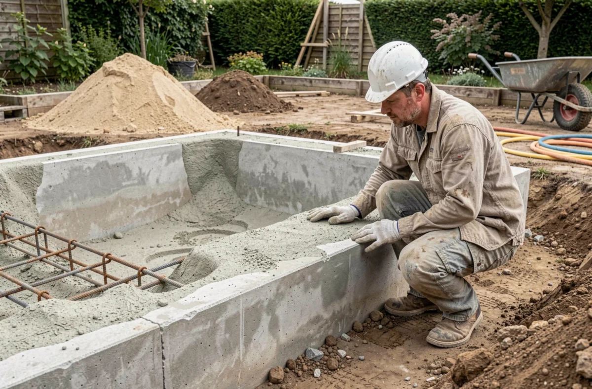 Chantier de construction d'une piscine béton creusée avec structure en béton projeté et ouvrier en train d'inspecter les parois
