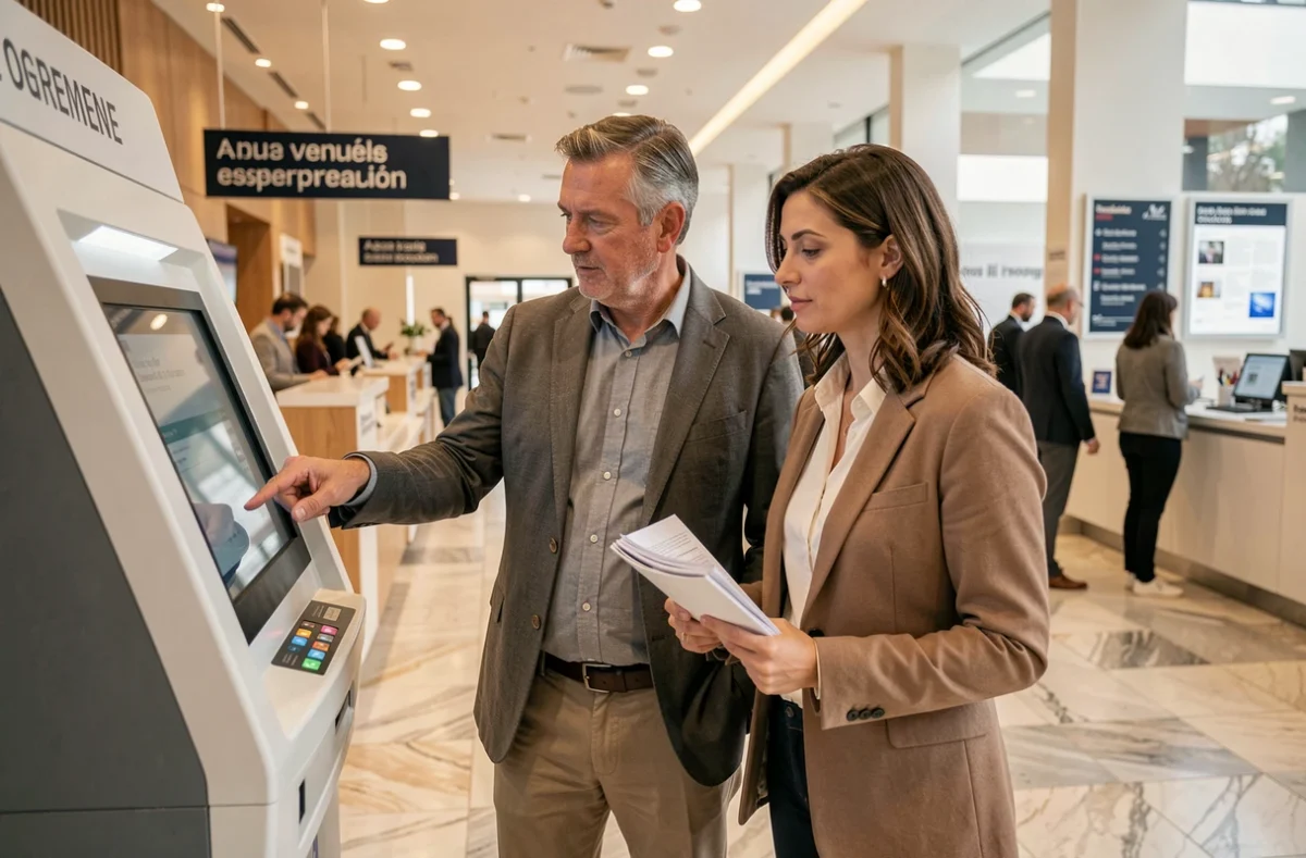 Couple utilisant un kiosque libre-service dans une agence bancaire française