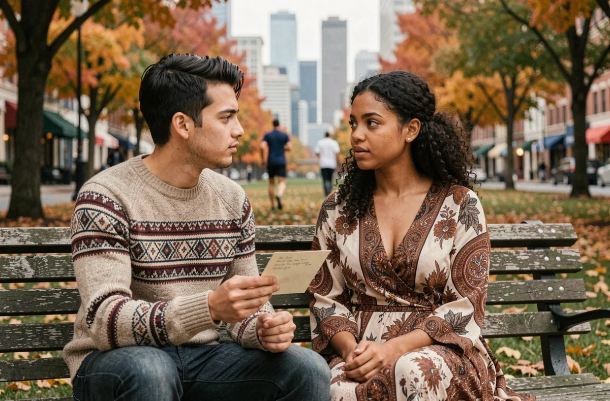 Couple biculturel discutant de leurs différences culturelles dans un parc urbain en automne