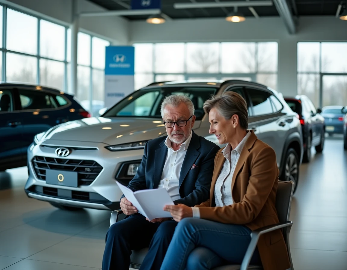 Couple étudiant une brochure de voiture hybride dans une salle d'exposition automobile
