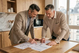 Couple examinant des documents immobiliers à une table de cuisine moderne pour deux résidences principales