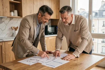 Couple examinant des documents immobiliers à une table de cuisine moderne pour deux résidences principales