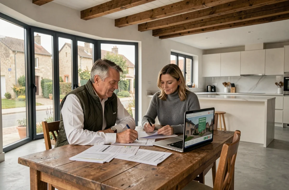 Couple étudiant des documents de rénovation énergétique dans un intérieur rénové avec baies vitrées triple vitrage