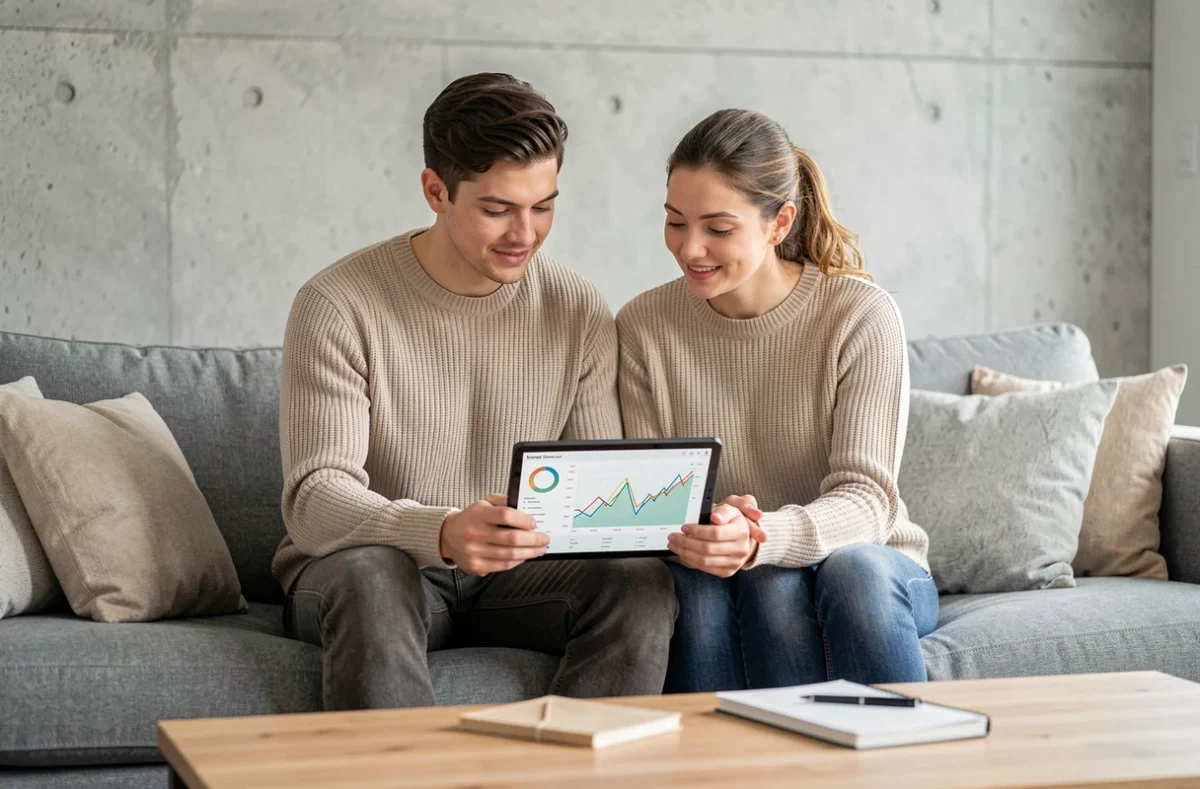 Couple de jeunes professionnels consultant un tableau de bord financier sur tablette pour générer des revenus passifs