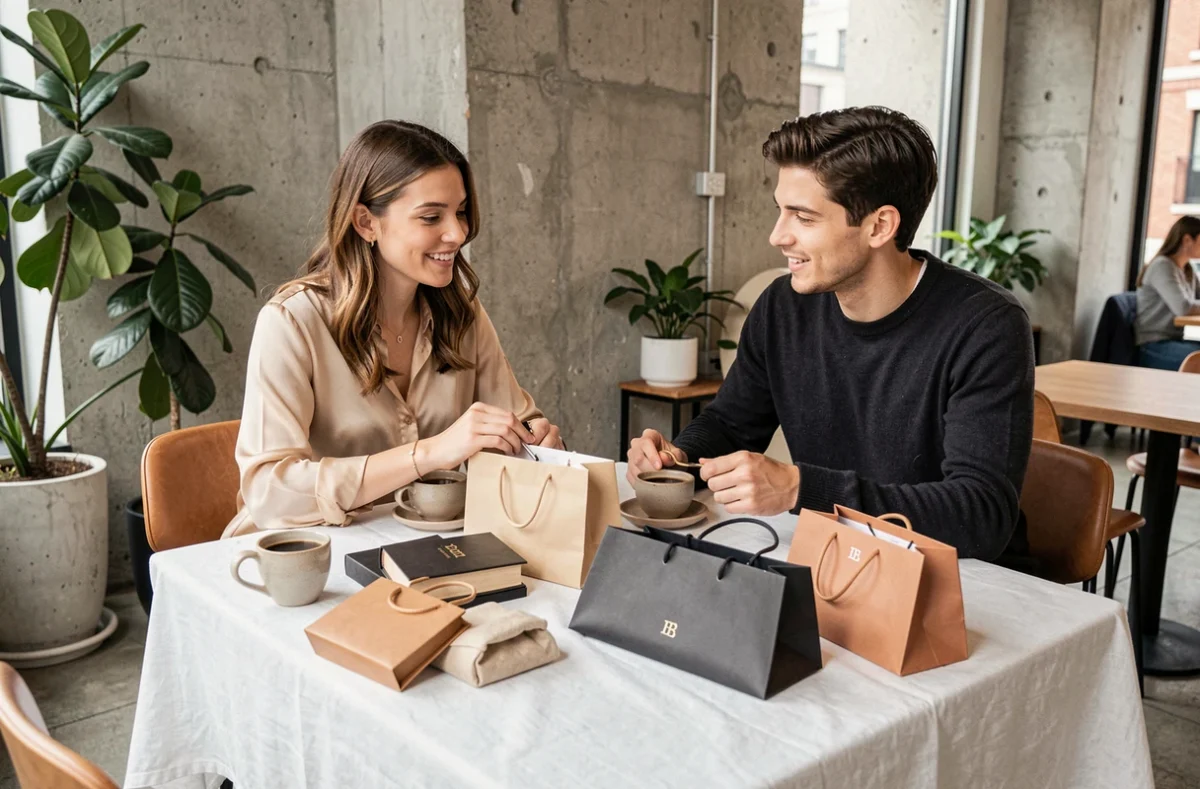 Couple comparant des sacs de créateurs de luxe dans un café branché pour évaluer les meilleures marques