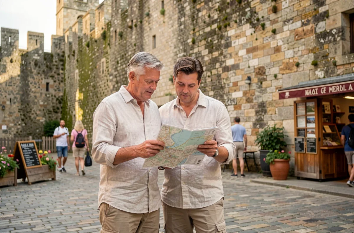 Couple de touristes consultant une carte devant les remparts médiévaux d'une ville historique fortifiée en France