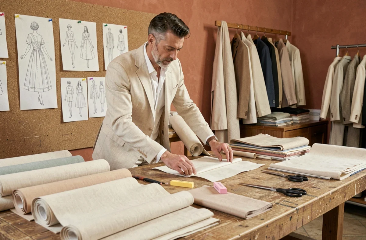 Créateur de mode masculin dans un atelier milanais examinant des échantillons de tissu, symbole de la mode italienne