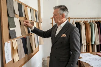 Créateur de mode célèbre examinant des échantillons de tissu dans son atelier parisien