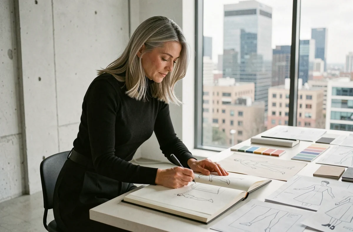 Créatrice de mode renommée dessinant ses créations dans un studio moderne avec vue sur la ville