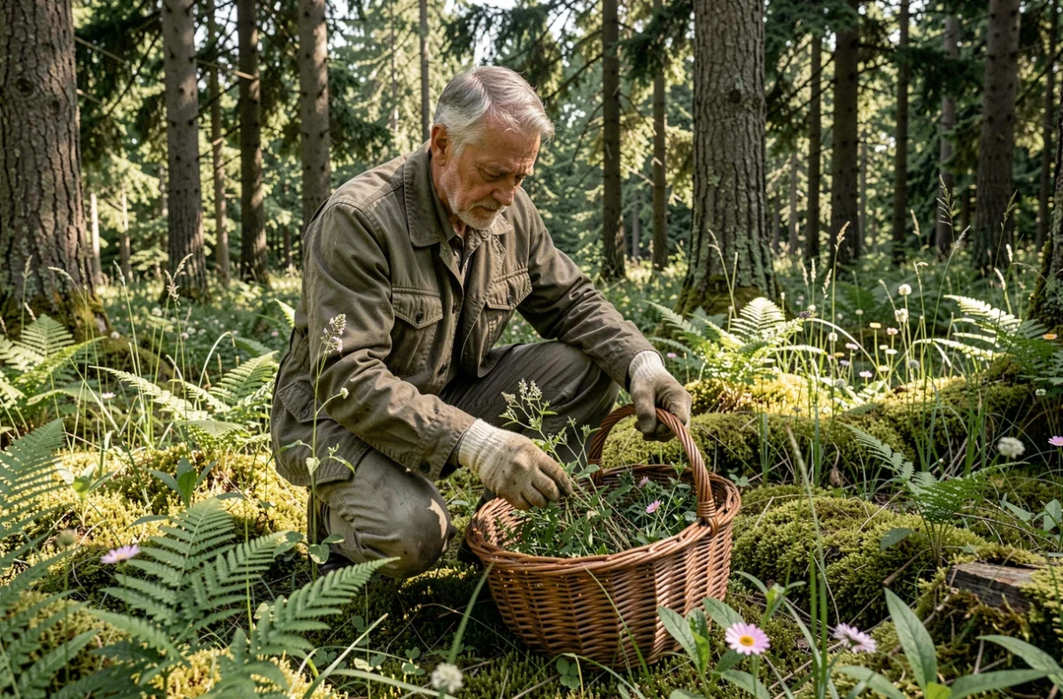 Cueilleur de plantes médicinales en forêt pour la pratique de la phytothérapie