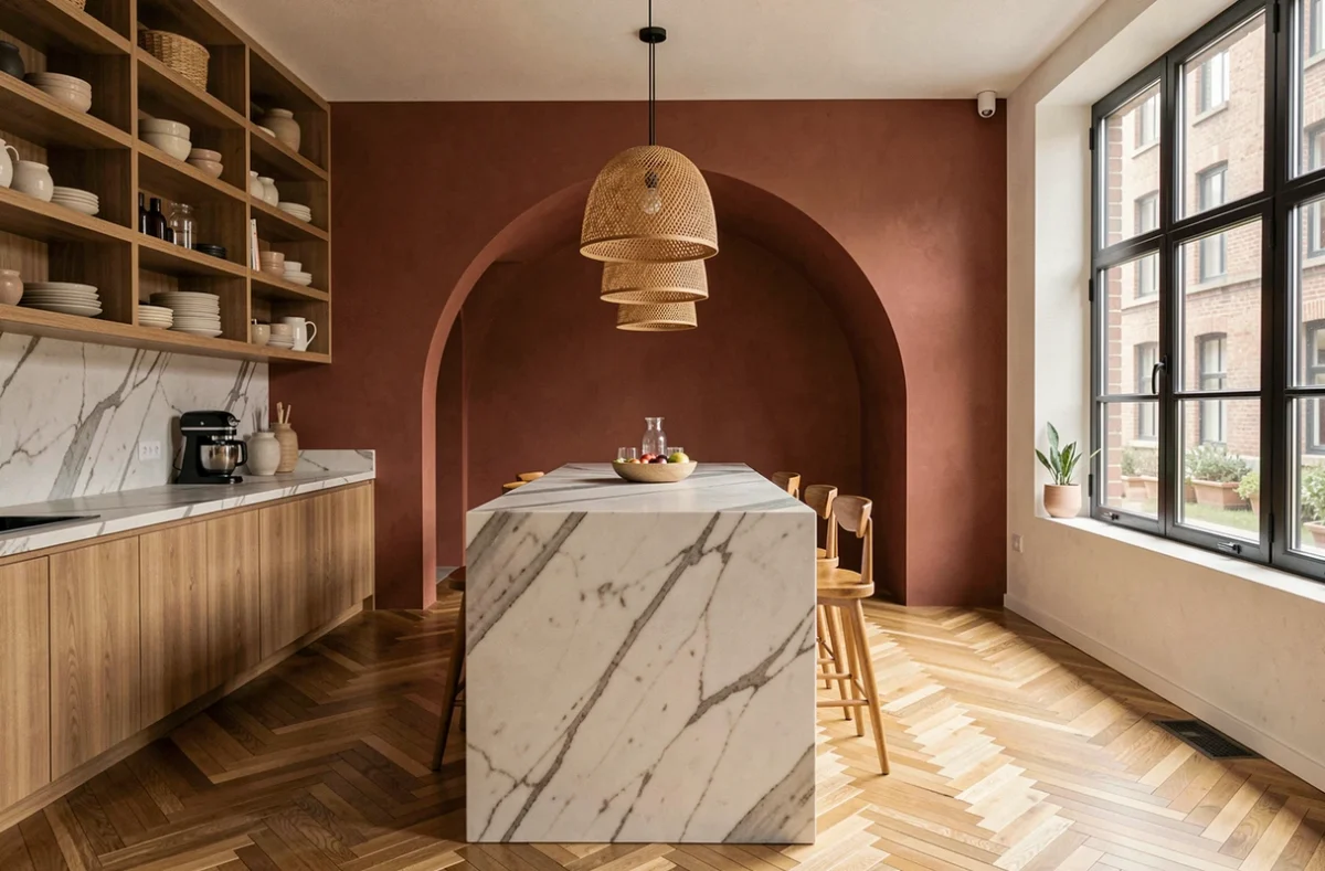 Cuisine ouverte tendance 2026 avec alcôve en terracotta, îlot en marbre et parquet en chêne dans un loft urbain contemporain