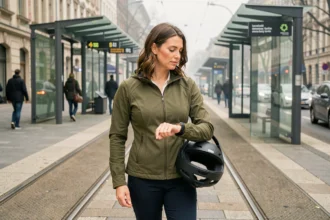 Femme consultant sa montre connectée sur un quai de tramway moderne en ville en 2026