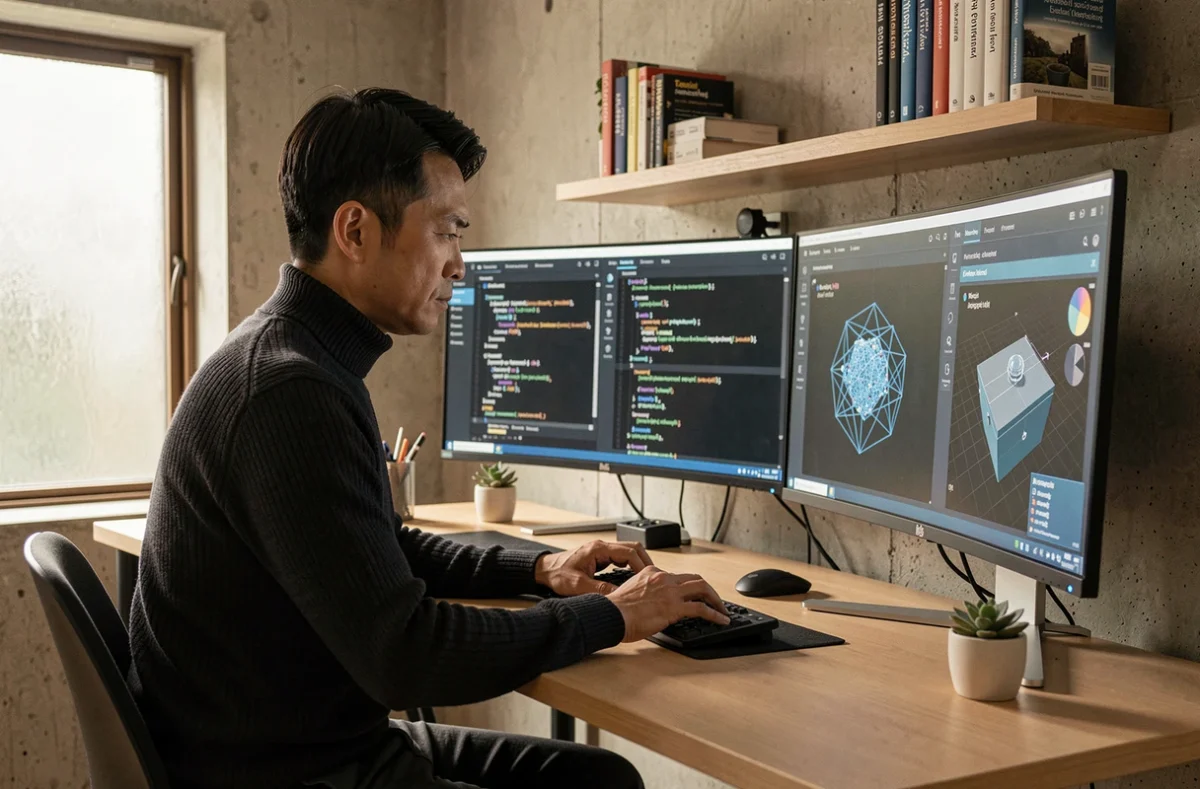 Développeur expert en machine learning travaillant sur plusieurs écrans dans un bureau à domicile moderne et minimaliste