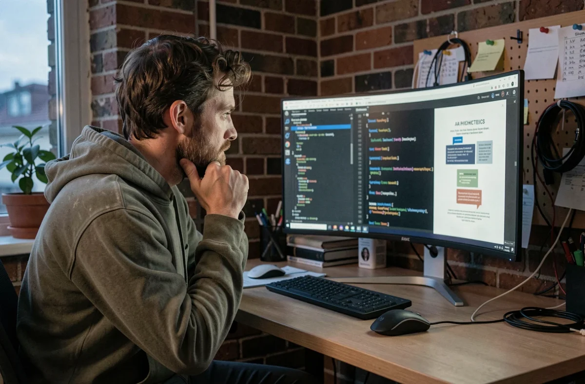 Développeur informatique réfléchissant aux implications éthiques de l'IA devant son ordinateur à domicile
