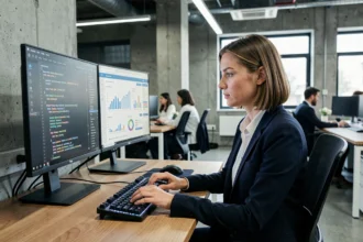Développeuse informatique travaillant sur des écrans de code dans un bureau moderne en open space
