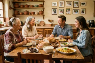 Famille multigénérationnelle réunie autour d'un repas mêlant traditions culinaires de différentes cultures