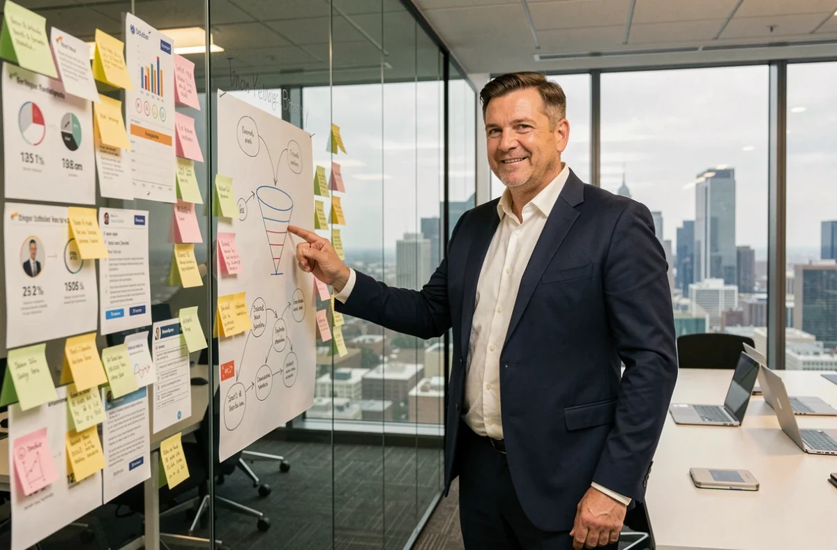Directeur marketing présentant une stratégie digitale devant un mur de planification en salle de réunion