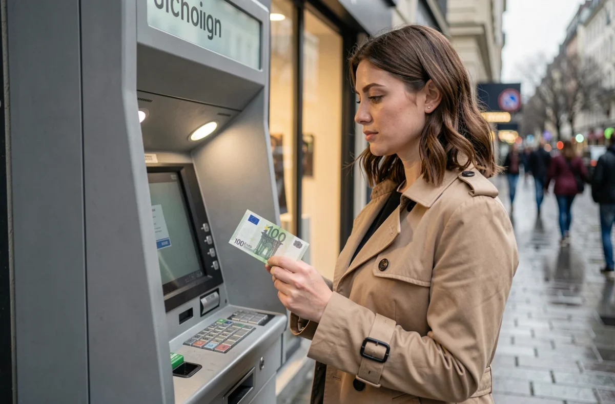 Femme utilisant un distributeur de bitcoins en ville avec un billet de 100 euros