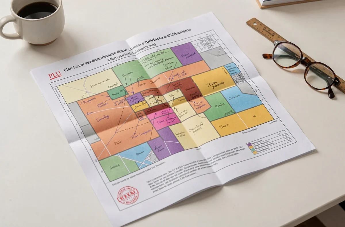 Document officiel PLU ouvert avec carte de zonage urbain annotée pour identifier les zones constructibles