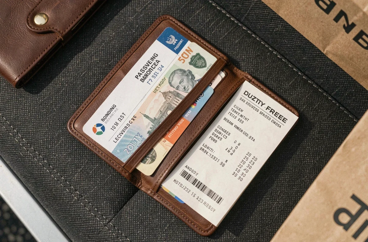 Portefeuille de voyage ouvert avec carte d'embarquement, reçu duty-free et devises étrangères, illustrant les documents nécessaires pour profiter de la DFS