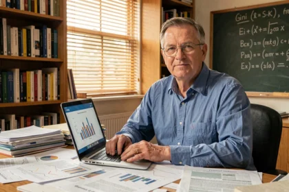 Économiste analysant des graphiques sur les inégalités de revenus dans un bureau universitaire