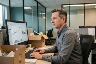 Employé de bureau inquiet face à l'automatisation et aux suppressions d'emplois liées à l'intelligence artificielle