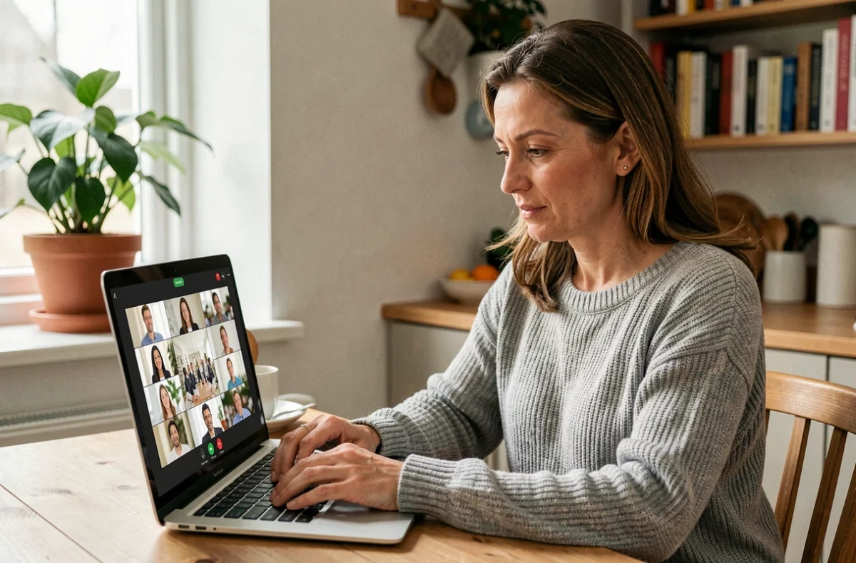 Employée en télétravail participant à une réunion vidéo depuis son domicile, vue de face