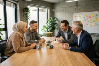 Équipe de collègues diversifiés collaborant autour d'une table de réunion dans un bureau moderne inclusif