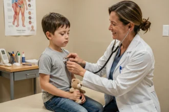Jeune garçon chez le pédiatre lors d'une consultation médicale pour maladie fréquente de l'enfant