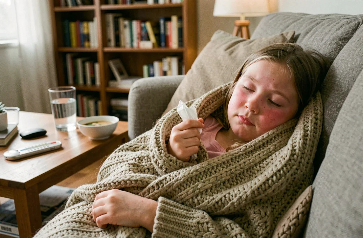 Petite fille malade allongée sur un canapé à la maison avec couverture et mouchoirs