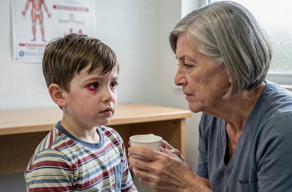 Enfant avec symptômes de rhume chez l'infirmière scolaire dans une école primaire