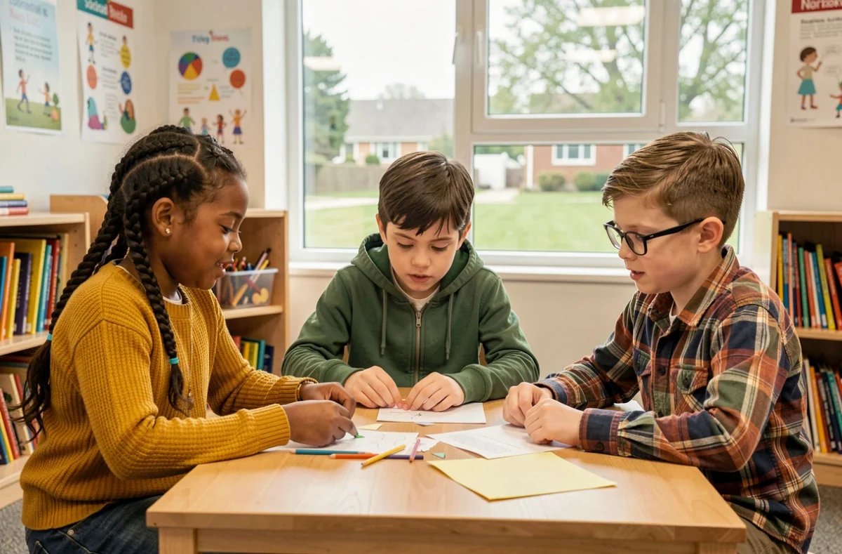 Groupe d'enfants d'âges divers travaillant ensemble dans une salle de classe moderne et accueillante, illustrant un système éducatif de qualité dans les meilleurs pays pour vivre en famille