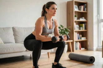Femme s'entraînant à la maison avec des haltères dans un salon moderne sur un tapis de yoga
