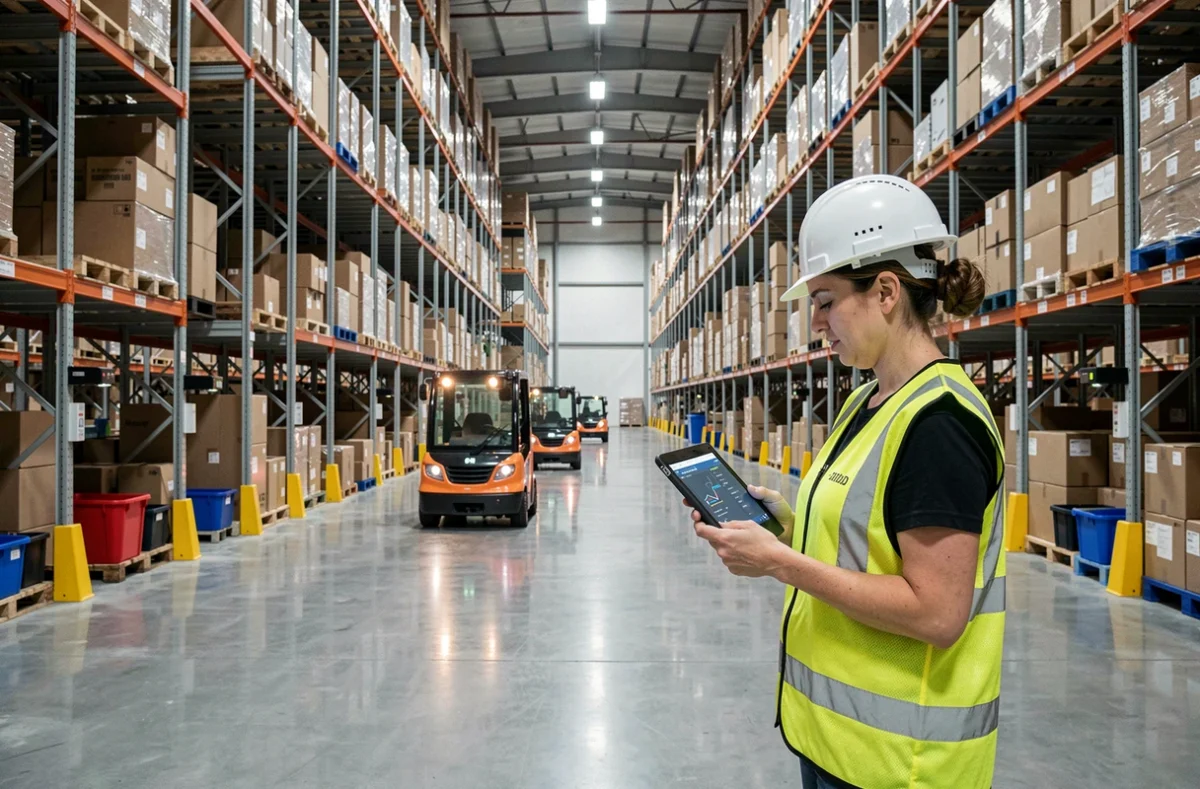 Employée logistique surveillant des véhicules autonomes guidés dans un entrepôt automatisé avec étagères industrielles