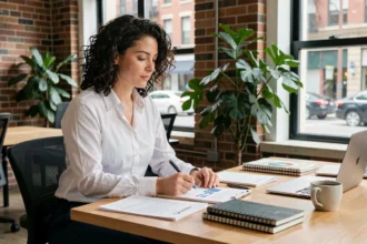 Femme entrepreneur analysant un plan d'affaires dans un espace de coworking moderne