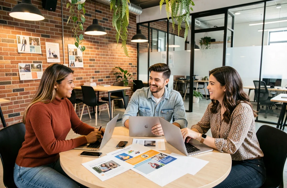 Équipe créative collaborant sur une stratégie de marketing innovant dans un espace de coworking