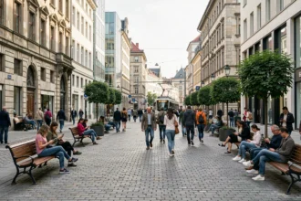 Place urbaine animée avec piétons, mobilier de ville et façades architecturales mélangées dans un centre-ville européen