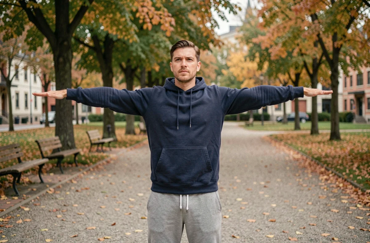 Homme pratiquant des exercices de mobilité thoracique en plein air dans un parc urbain en automne