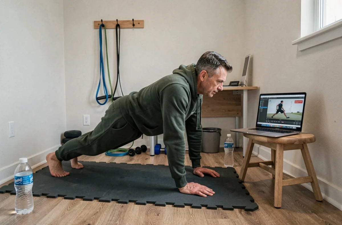 Homme faisant une planche sur un tapis dans un espace de sport aménagé à domicile
