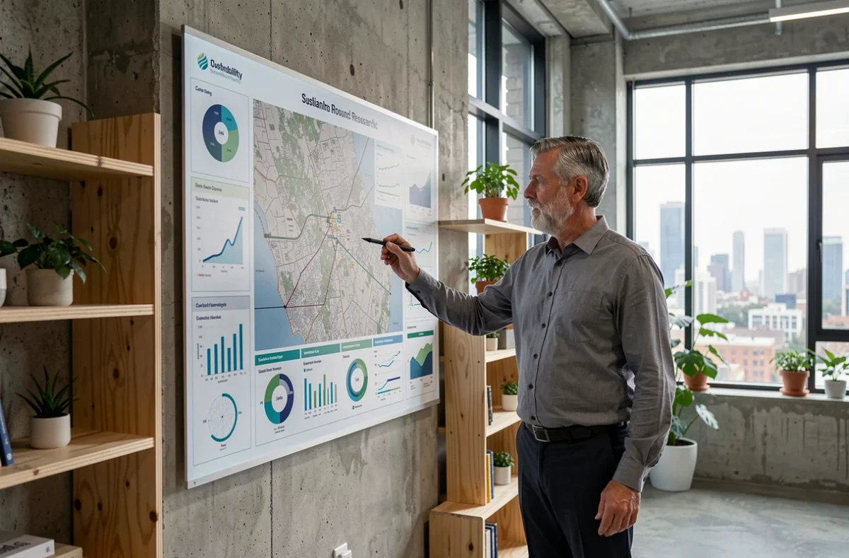 Expert en développement durable analysant des données cartographiques sur l'empreinte carbone dans un bureau moderne