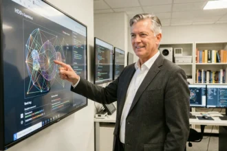 Expert en intelligence artificielle devant un écran de visualisation de données dans un laboratoire de recherche universitaire moderne