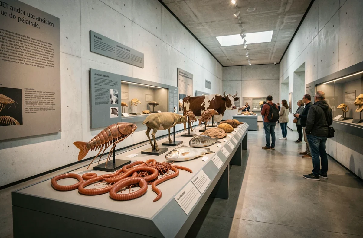 Exposition muséale comparant la biomasse des espèces animales avec des spécimens naturalisés et des infographies