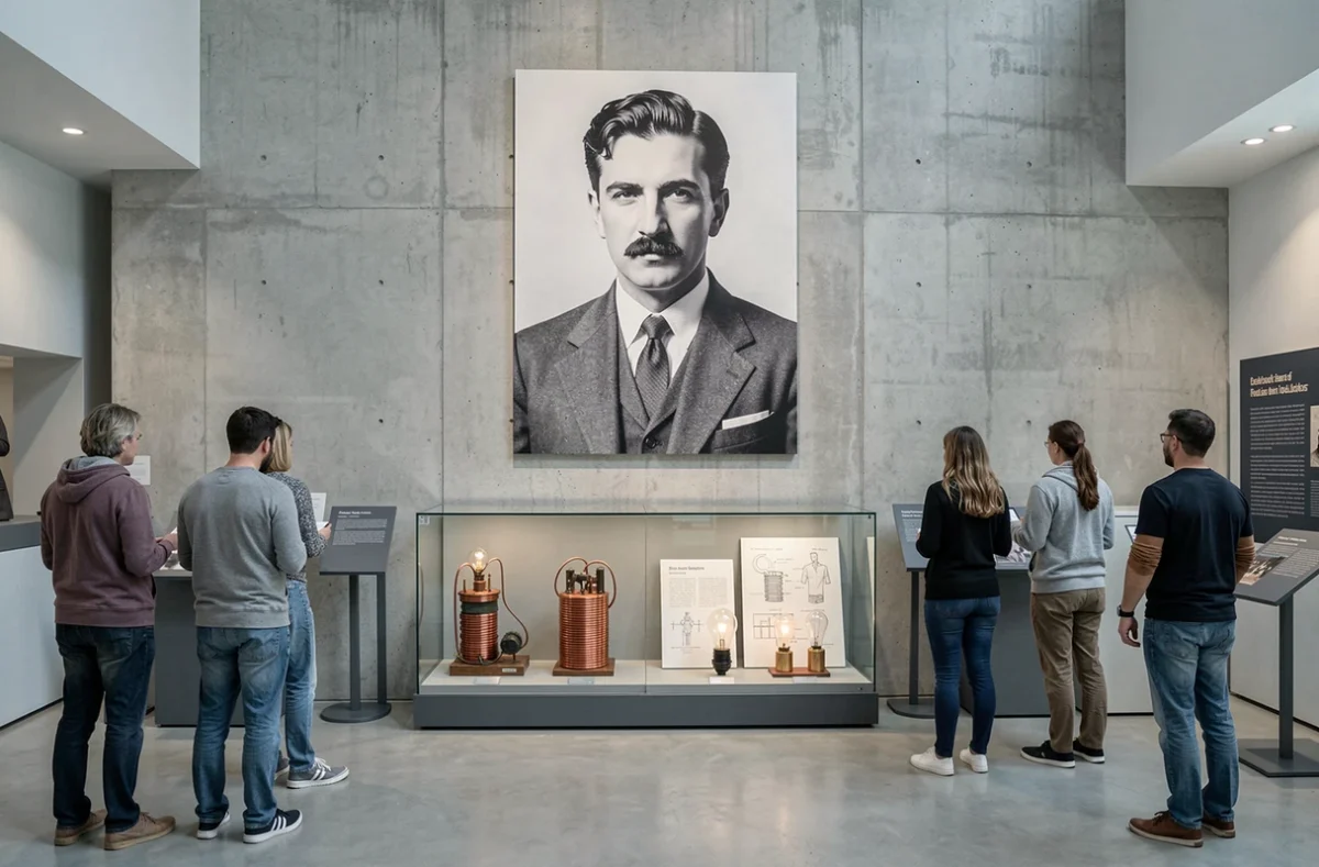 Salle d'exposition muséale consacrée à Nikola Tesla avec portrait monumental et vitrines d'appareils électriques historiques